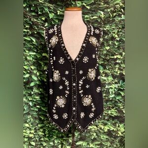 Yarnworks Black Knit Sweater Vest Beaded Button Up Womens Large New Damage